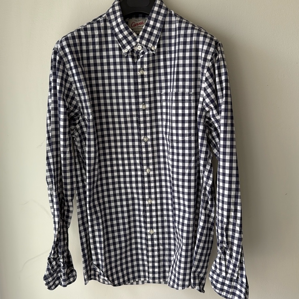 Lands End Canvas gingham checkered poplin button down shirt in navy Sz Medium